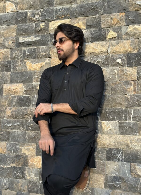 Stitched Collar Style Cotton Suit - Jet Black