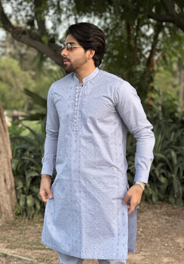 Stitched Ban Style Chicken Kari Suit with Loop Buttons - Sky Blue