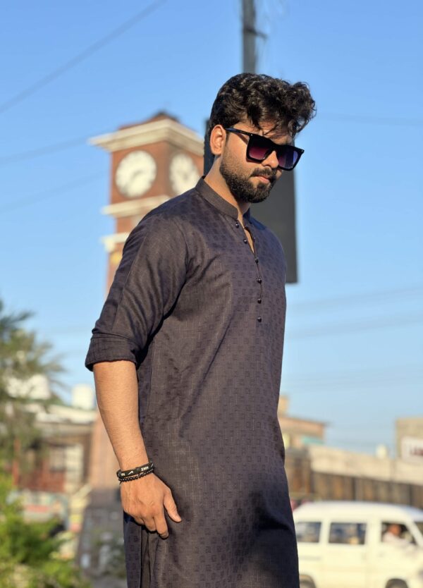 Stitched Ban Style Textured Suit - Navy Blue