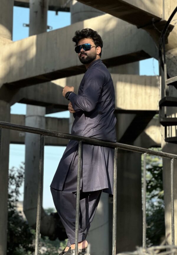 Stitched Fancy Ban Style Cotton Suit - Navy Blue