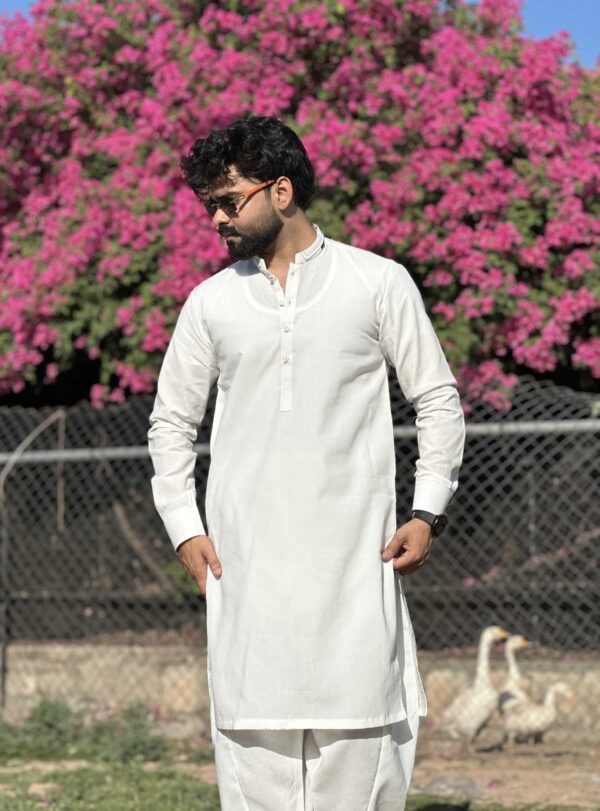 Stitched Double Ban Style Cotton Suit - Off White