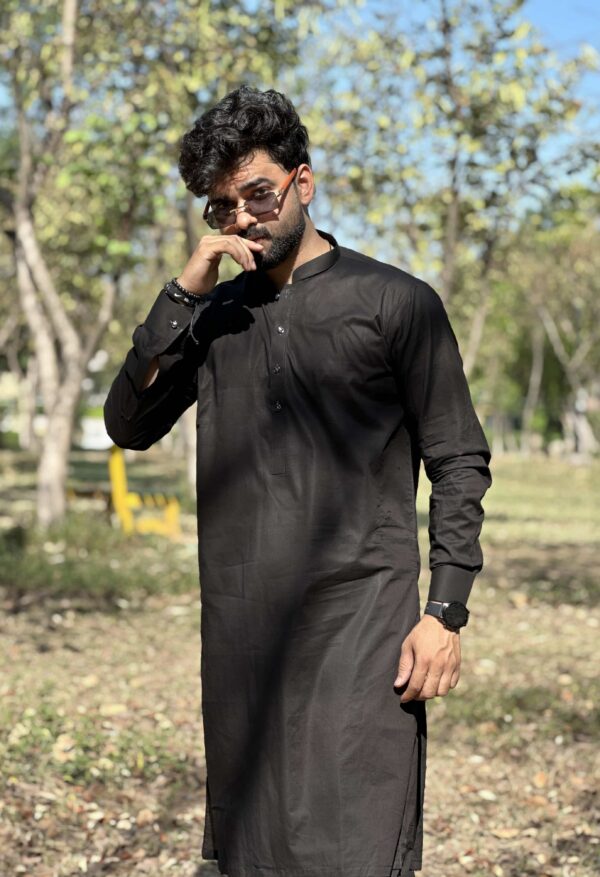 Stitched Ban Style Cotton Suit - Jet Black