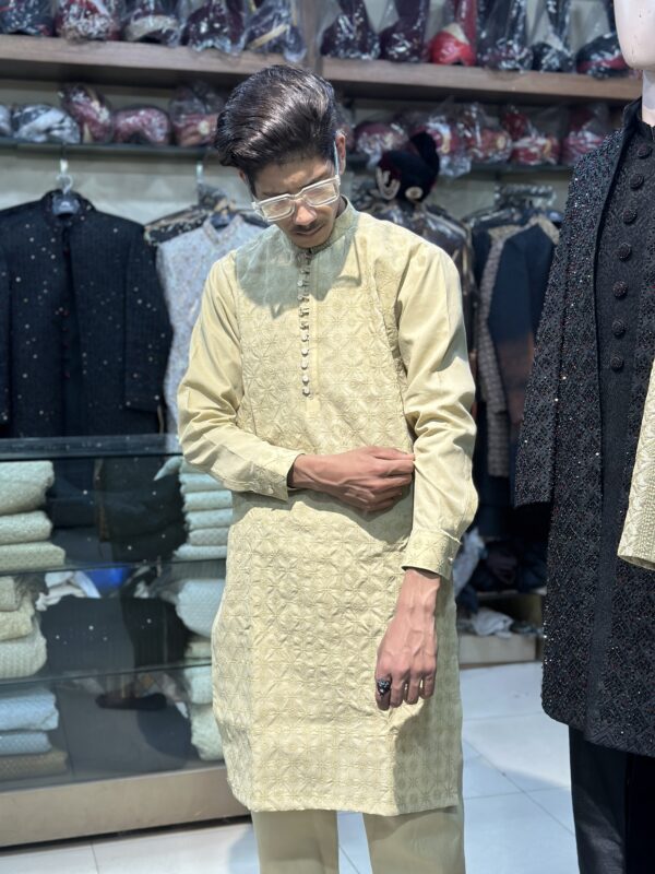 Stitched Ban Style Chicken Kari Suit with Loop Buttons - Dark Beige